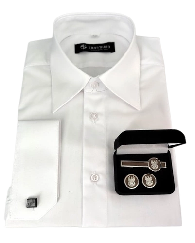 ZESTAW: Koszula biała, gładka - długi rękaw i komplet spinek WL