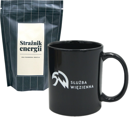 ZESTAW: Kawa mielona lub ziarnista dedykowana funkcjonariuszom Służby Więziennej i Kubek czarny z logo SW