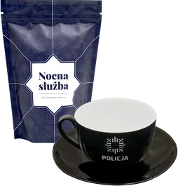 ZESTAW: Kawa mielona lub ziarnista dedykowana funkcjonariuszom Policji i Filiżanka ze spodkiem czarna - Policja 
