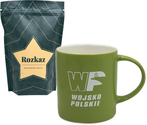 ZESTAW: Kawa mielona lub ziarnista dedykowana żołnierzom SZRP i Kubek zielony z logo WP