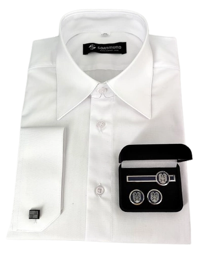 ZESTAW: Koszula biała, gładka - długi rękaw i komplet spinek SP 