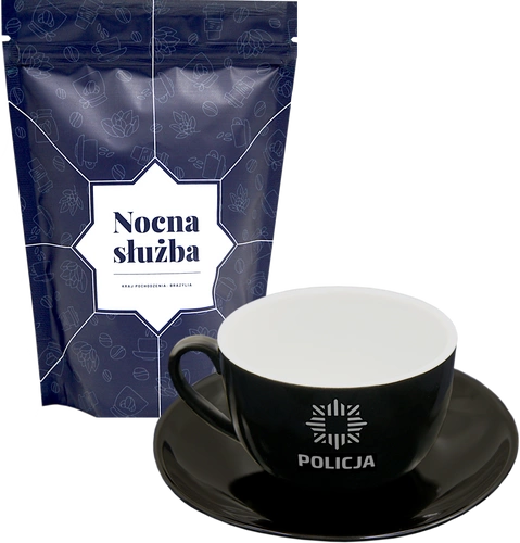 ZESTAW: Kawa mielona lub ziarnista dedykowana funkcjonariuszom Policji i Filiżanka ze spodkiem czarna - Policja 