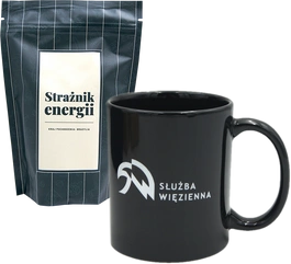 ZESTAW: Kawa mielona lub ziarnista dedykowana funkcjonariuszom Służby Więziennej i Kubek czarny z logo SW