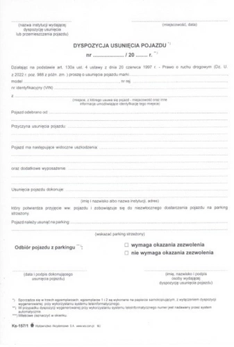 Ks-157/1 Dyspozycja usunięcia pojazdu (art.130a)