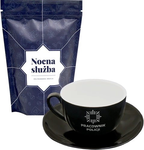 ZESTAW: Kawa mielona lub ziarnista dedykowana funkcjonariuszom Policji i Filiżanka ze spodkiem czarna - Pracownik Policji