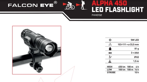 Latarka ręczna, Falcon Eye ALPHA z focusem -450 lm, FHH0132, zestaw (uchwyt rowerowy), blister